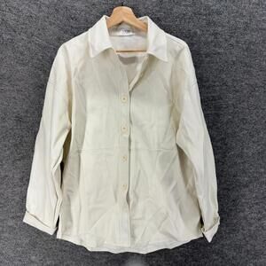 Mod On Trend Shirt Women L Large Beige Button Up Collared Long Sleeve Leather